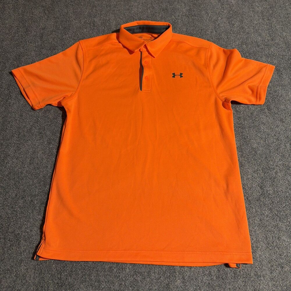 Under Armor Polo Shirt Mens Medium Orange Short Sleeve Pullover Loose Hi-Vise